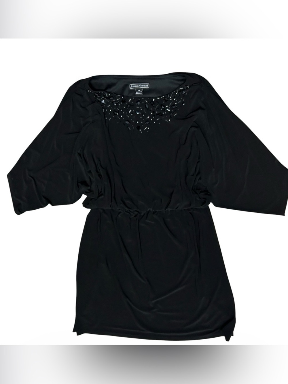 Jessica Howard Black beaded Neckline Dolman Sleeve Tunic Style Dress Sz 14